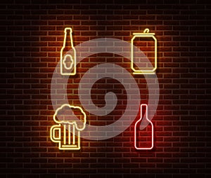 Neon alcohol drinks signs vector isolated on brick wall. Coctail light symbol, decoration effect. Ne