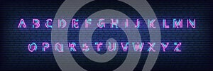 Neon alphabet font. Glowing neon colored 3d modern alphabet typeface