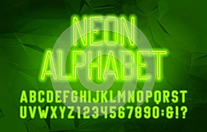 Neon alphabet font. Green neon color letters and numbers. Abstract background.