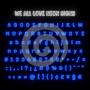 Neon Alphabet and Numbers - Blue Color - Guietly Endure Regular Typeface