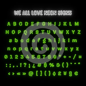 Neon Alphabet and Numbers - Green Color - Guietly Endure Regular Typeface