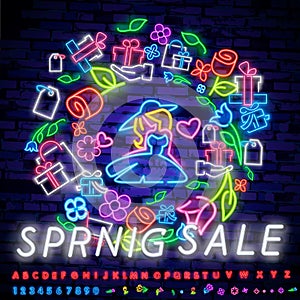 Neon alphabet and Spring Sale in flower frame over brick background. Spring sale, seasonal goods, store emblem. Spring concept.