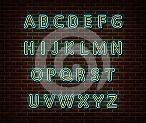 Neon alphabet type font vector isolated on brick wall. ABC typography letters light symbol, decoration text effect. Neon alphabet