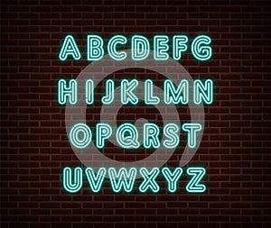 Neon alphabet type font vector isolated on brick wall. ABC typography letters light symbol, decoration text effect. Neon alphabet