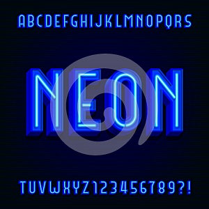 Neon alphabet vector font. 3D type letters with blue neon tubes and shadows.