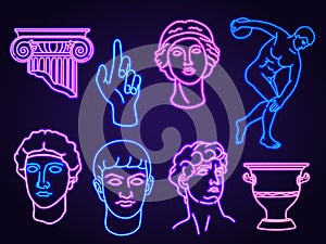 Neon antique greek sculpture and statue outline design. Glowing ancient head, column and vase for creative fashion t