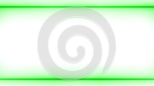 Neon appearing and disappearing glowing light green perpendicular horizontal long lines frame on white background. Space for your