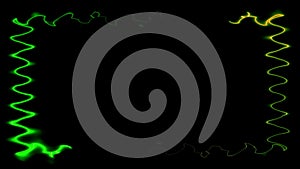 Neon appearing and disappearing glowing wavy light green rectangular lines frame on black background. Small patterns, teeth,
