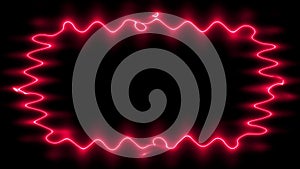 Neon appearing and disappearing glowing wavy red rectangular lines frame on black background. Small patterns, ruffles. Space for