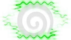 Neon, appearing and disappearing, glowing wavy sharp light green, forming a hexagon, frame lines on a white background. Space for