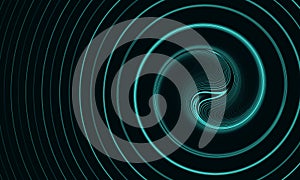 Neon aqua blue spiral with fluid ripples over dark background.