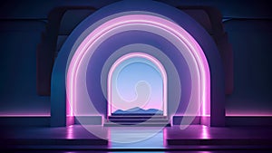 Neon arc in blue and purple lights room. Abstract background for product display