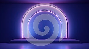 Neon arc in blue and purple lights room. Abstract background for product display.