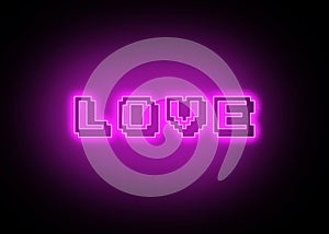 Neon arcade sign, the word Love on dark background. Design for Valentine`s Day. Ready for your design, greeting card, banner.