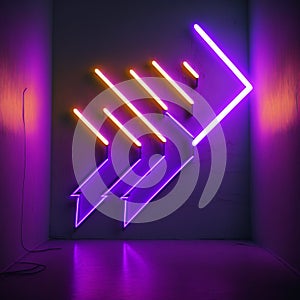 Neon arrow lamps on wall. Purple blue light. Vaporwave illustration. Generative AI
