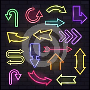 Neon arrow vector glowing arrows and illuminated arrowheads directions illustration set of cursed pointer design of