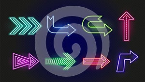 Neon arrows. Bright glowing arrow signs. Outside lights of night bar. Vector lighting directional elements