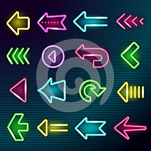 Neon arrows. Glow lighting direction hotel arrow signs night outside shining advertizing elements vector bright photo