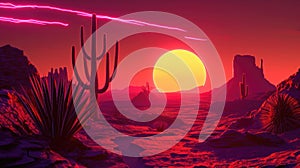 A neon art installation featuring a desert sun setting behind a cactus creating a surreal ambiance