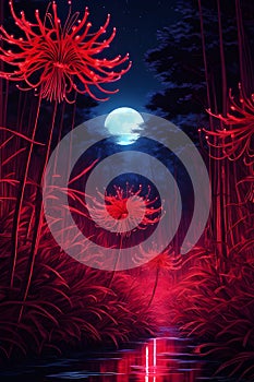 the neon art of japanese red spider lily gothic night landscape of a forest with reddish