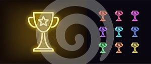 Neon award cup icon. Glowing neon goblet sign, set of trophy