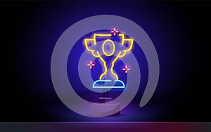 Neon award cup icon. Glowing neon goblet sign, set of trophy in vivid colors. Winner, esports event, gaming reward