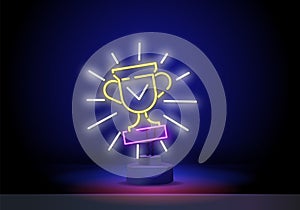 Neon award cup icon. Glowing neon goblet sign. Winner, esports event, gaming reward, cyber sport achievement. Icon set