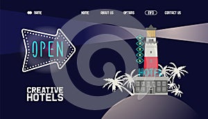 Neon banner, creative hotel open for visitors at night vector illustration. Motel building in lighthouse on coast with