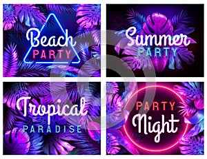 Neon beach party poster. Tropical paradise, summer partying night and bright neon color leaves vector illustration set