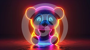 A neon bear cub with sorrowful eyes, glowing against a dark, reflective surface.