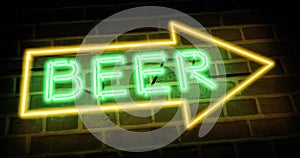 Neon beer sign shows Direction bar or pub - 4k