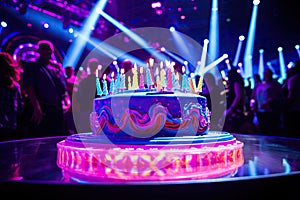 Neon Birthday Cake Closeup, Cake on Neon Party, Glowing Fluorescent Icing, Illuminated Dessert