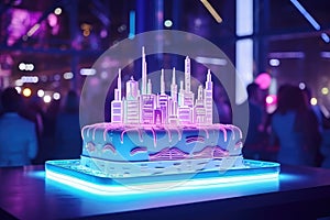 Neon Birthday Cake Closeup, Cake on Neon Party, Glowing Fluorescent Icing, Illuminated Dessert