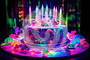 Neon Birthday Cake Closeup, Cake on Neon Party, Glowing Fluorescent Icing, Illuminated Dessert