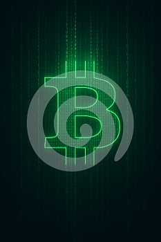 Neon Bitcoin Symbol On Digital Binary Code Background