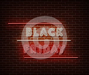 Neon Black Friday text banner vector isolated on brick wall. Special price offer light symbol, decoration text effect. Neon black