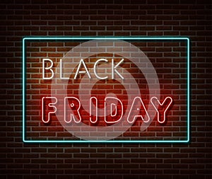 Neon Black Friday text banner vector isolated on brick wall. Special price offer light symbol, decoration text effect. Neon black