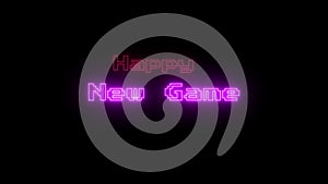 Neon blinking glowing text happy new game. Concept motion animation of a Christmas new year streaming of an retro old game