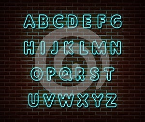 Neon blue alphabet type font vector isolated on brick wall. ABC typography letters light symbol, decoration text effect. Neon