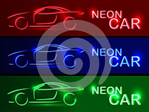 Neon Blue Car SET. Vector Logo. Linear auto illustration on a bl