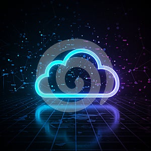 Neon blue cloud icon on a black digital grid background, symbolizing cloud computing or digital storage.