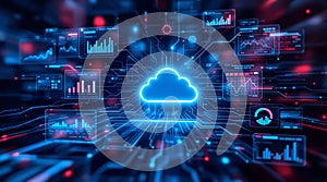 Neon blue cloud icon surrounded by glowing data graphs