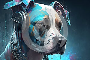 Neon blue colors dog listening to music in earphones. Generative AI