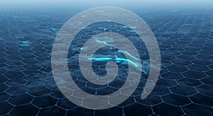 Neon blue data stream across a hexagonal cloudscape