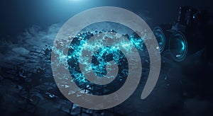 Neon blue digital chaos bursts from a dark core