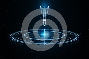 Neon blue digital dart arrow and target on dark cyberspace background, representing concept of precision and technology.