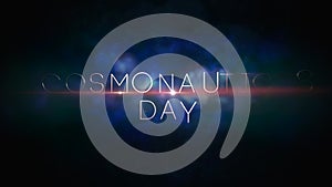 Neon blue glowing Cosmonautics Day text on dark space background