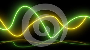 Neon blue and green and yellow light and laser show. Laser futuristic shapes on a dark background. Abstract dark background with