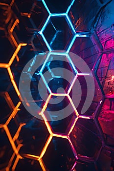 Neon Blue Hexagonal Grid Pattern Tech Background Portrait Images Generative AI