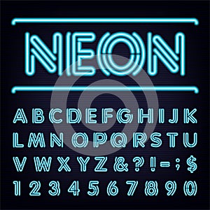 Neon Blue Light Alphabet Vector Font.